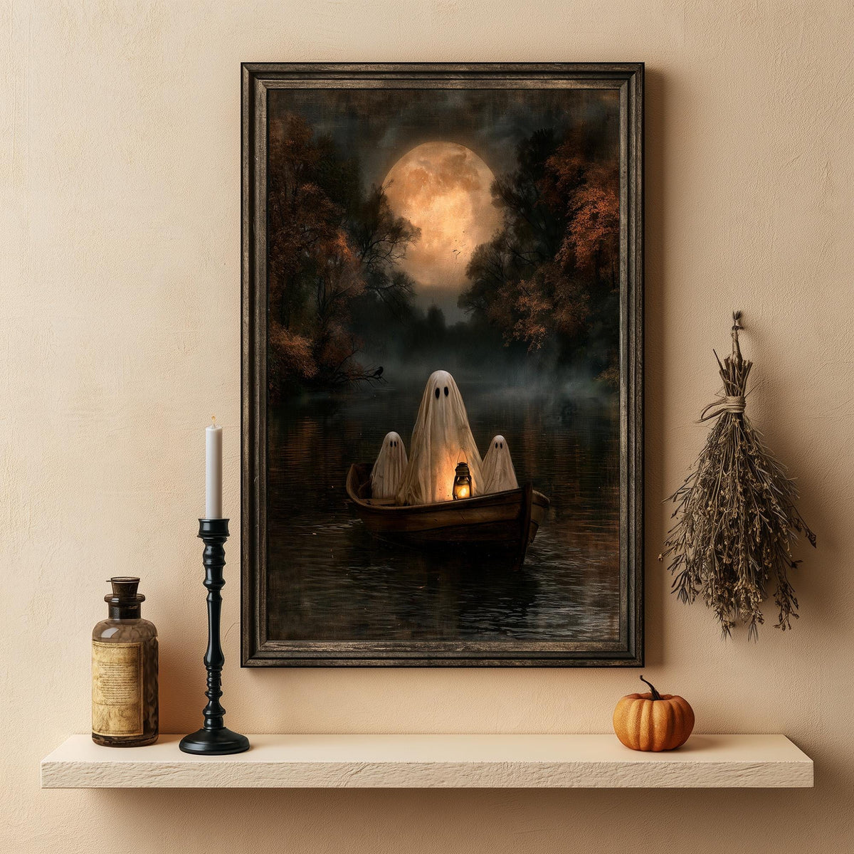 Detail of the rowboat, the still reflections, and the misty autumn shoreline
