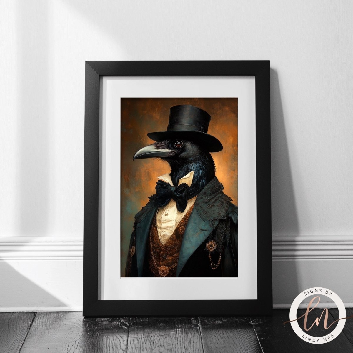 Close view of the raven portrait wearing a top hat and coat