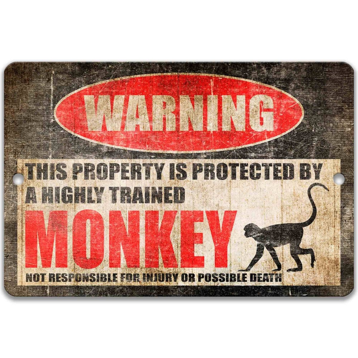 Monkey warning metal sign on glossy black, red WARNING oval and long-tailed monkey silhouette