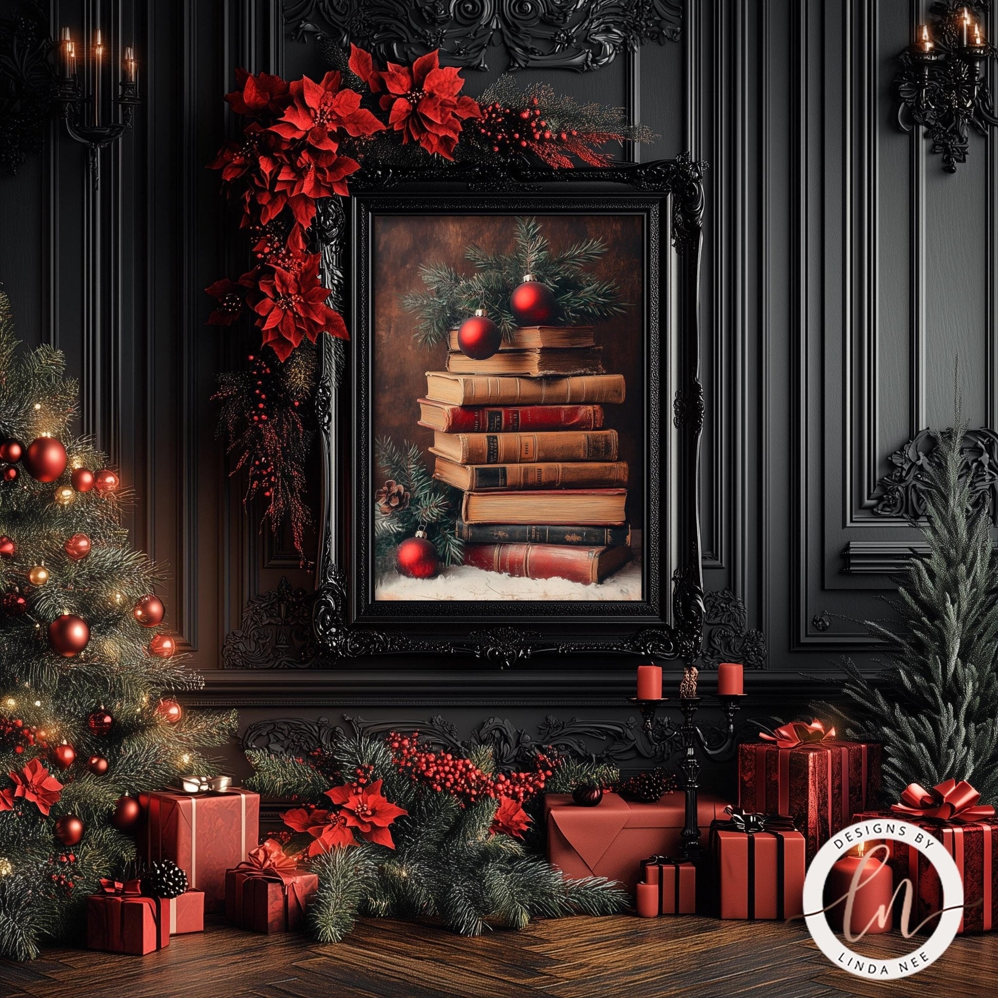Christmas Book Stack Art Print - Holiday Decor for Book Lovers