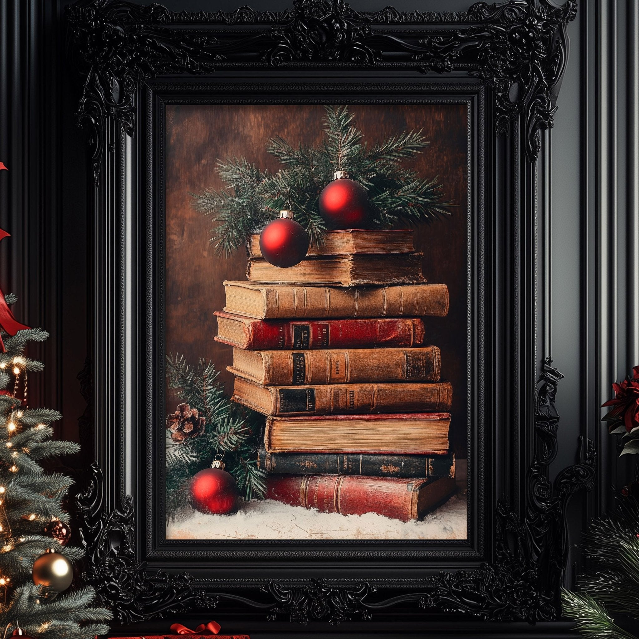 Christmas Book Stack Art Print - Holiday Decor for Book Lovers