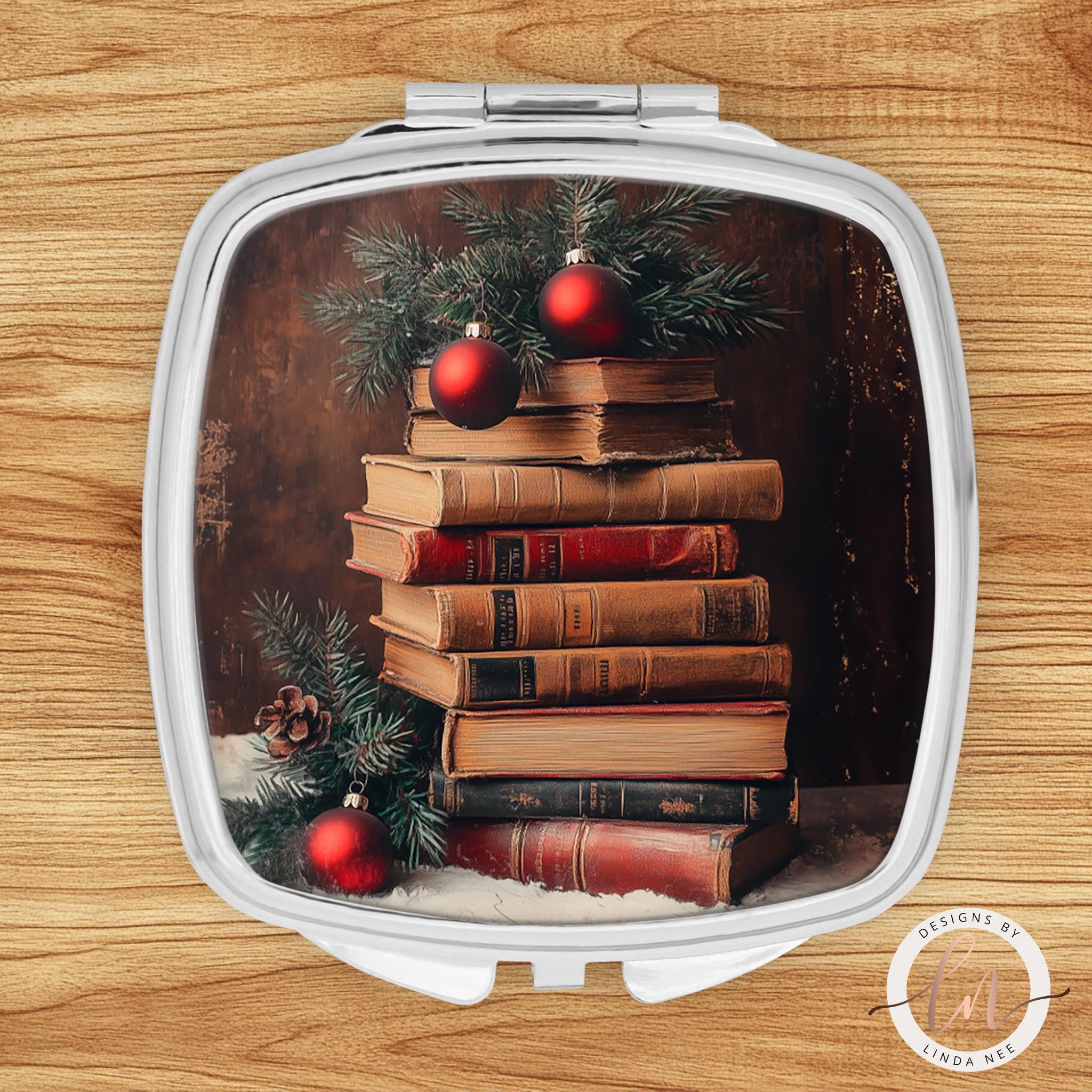 Christmas Book Stack Compact Mirror - Dark Academia Gift