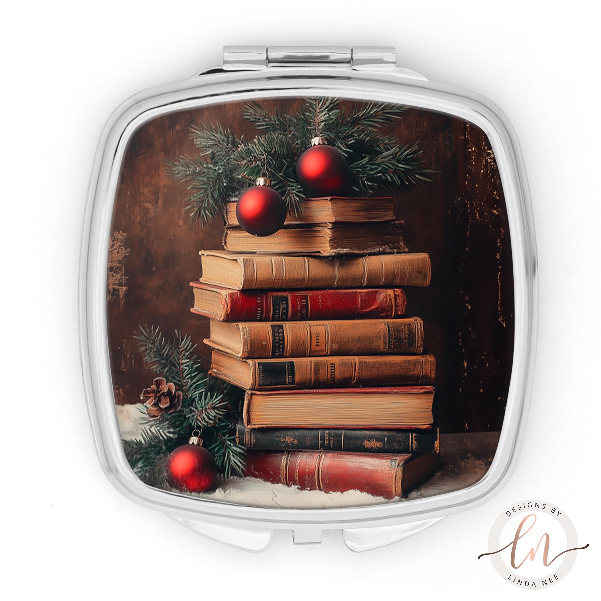 Christmas Book Stack Compact Mirror - Dark Academia Gift