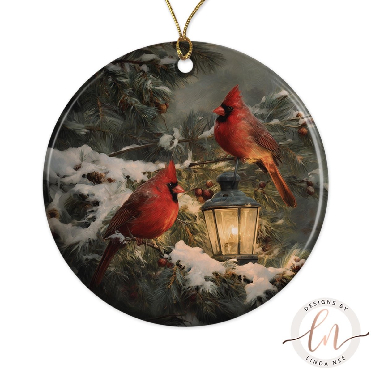 A pair of red cardinals perched on a snowy branch, with a lantern glowing in the background, creating a serene winter scene.