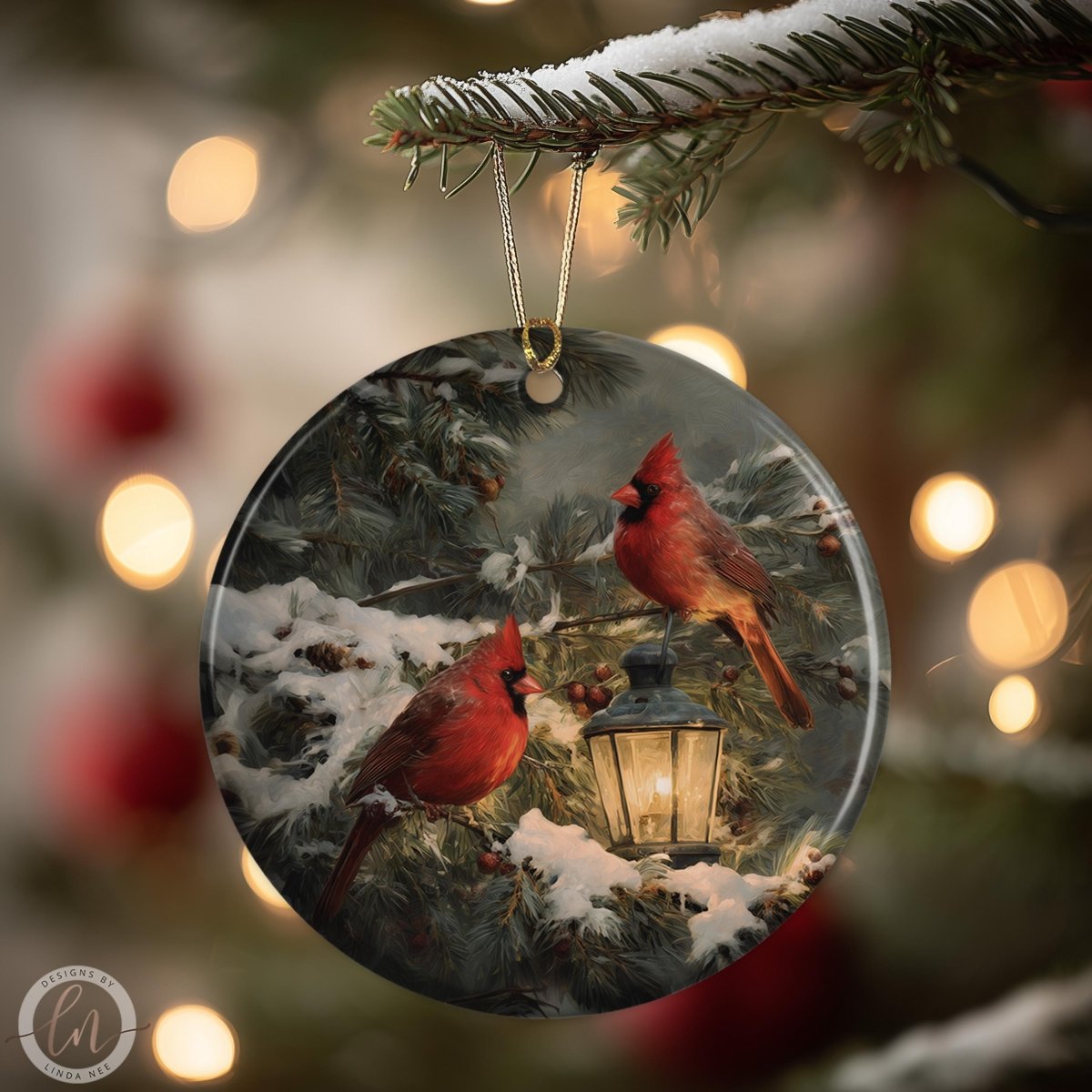 A round ornament featuring two red cardinal birds perched on a snowy branch, with a lantern in the background, against a blurred background of Christmas lights.