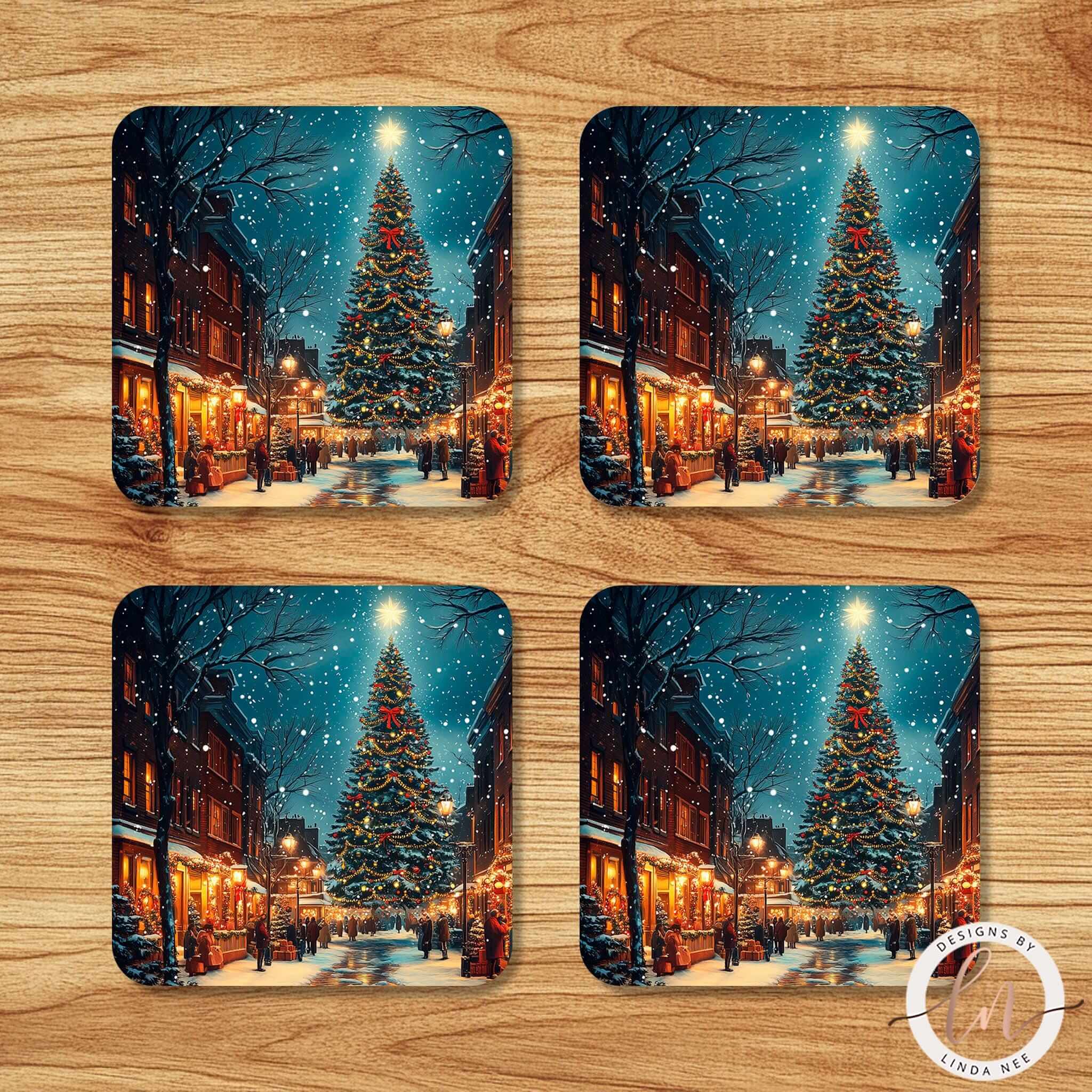 Christmas Coasters - Festive Tree City Holiday Drink Art