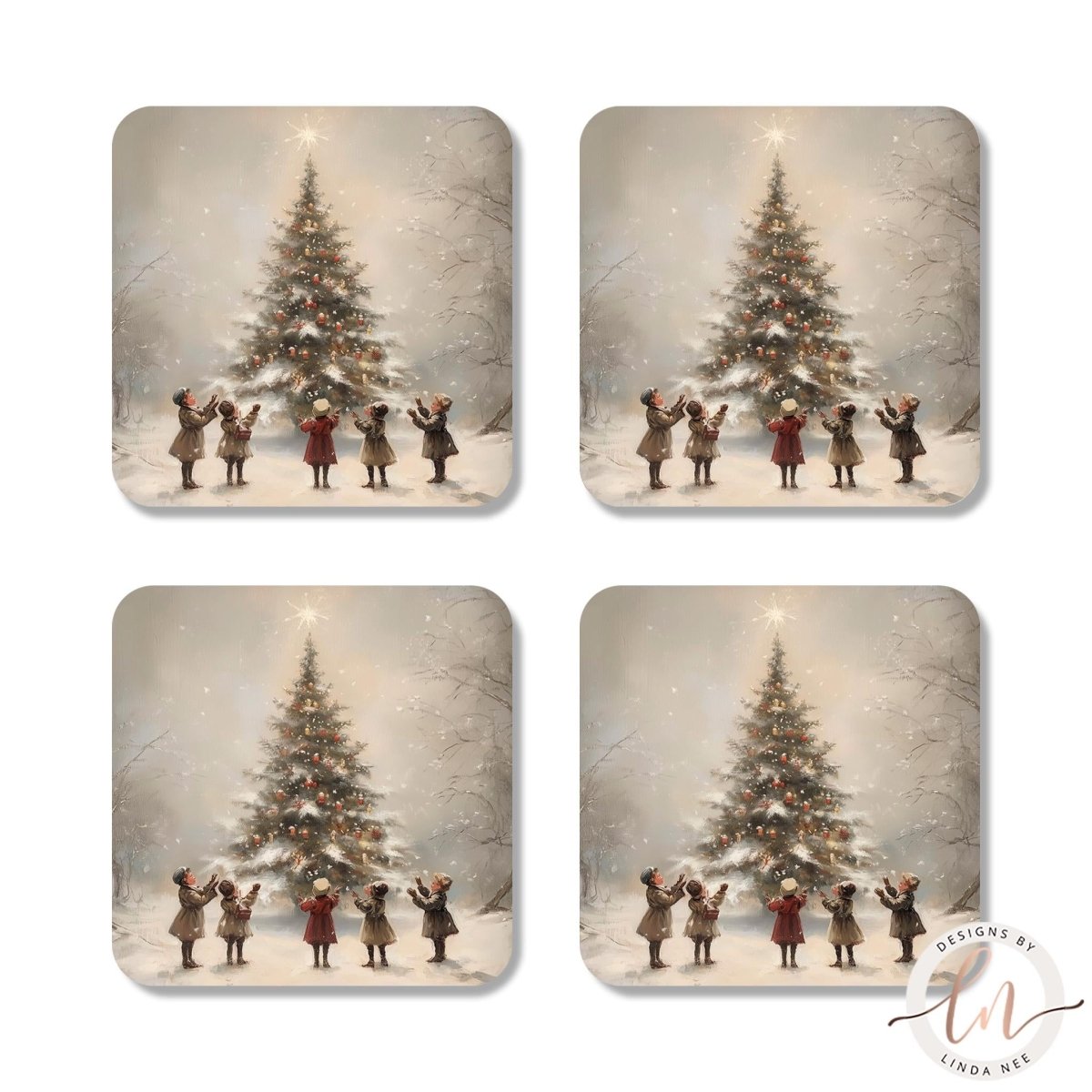Vintage Christmas Tree Coasters Set - Victorian Holiday ArtDesigns by Linda Nee