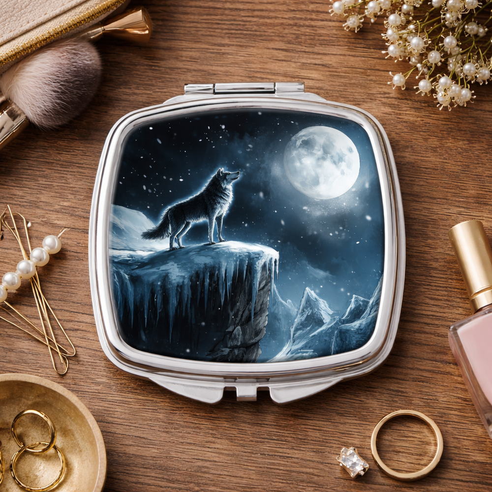 Compact mirror with wolf design on a wooden surface with beauty products