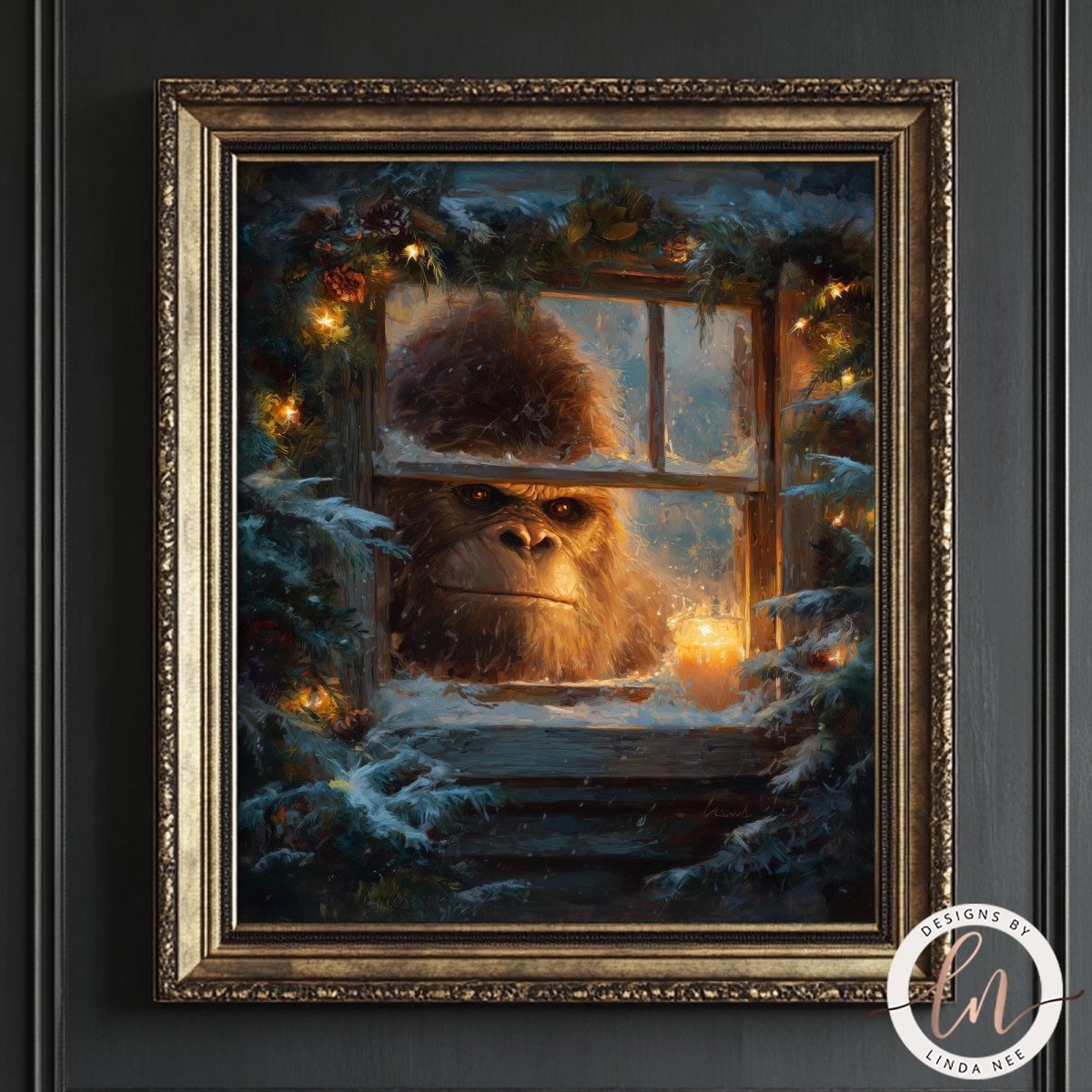 A painting of a large, furry creature peering out from a window, surrounded by snow and twinkling lights.