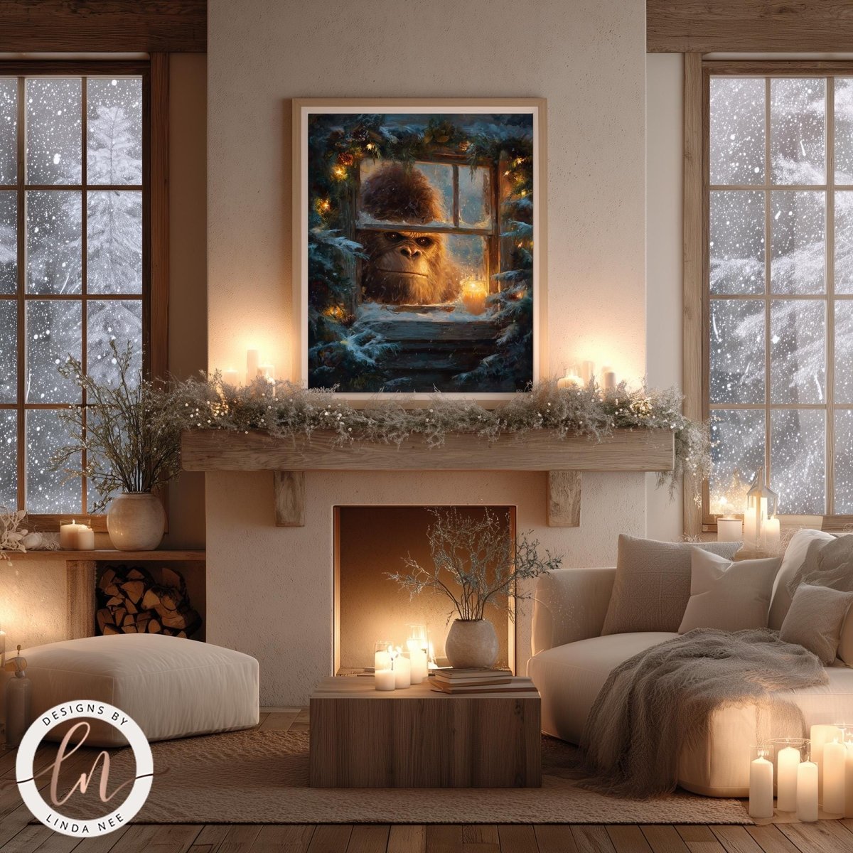 a cozy living room with a fireplace, a large window with a view of the outdoors, and a framed painting of a bear peeking out from a window. The room is decorated with candles, plants, and other festive elements, creating a warm and inviting atmosphere.