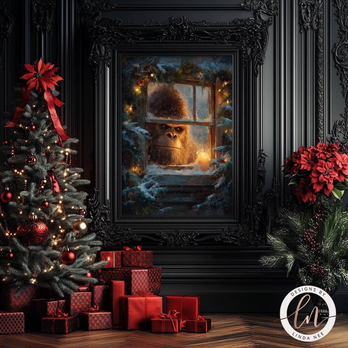 a Christmas scene with a framed painting of a gorilla peeking out from a window, surrounded by a wreath, poinsettias, and a decorated Christmas tree.