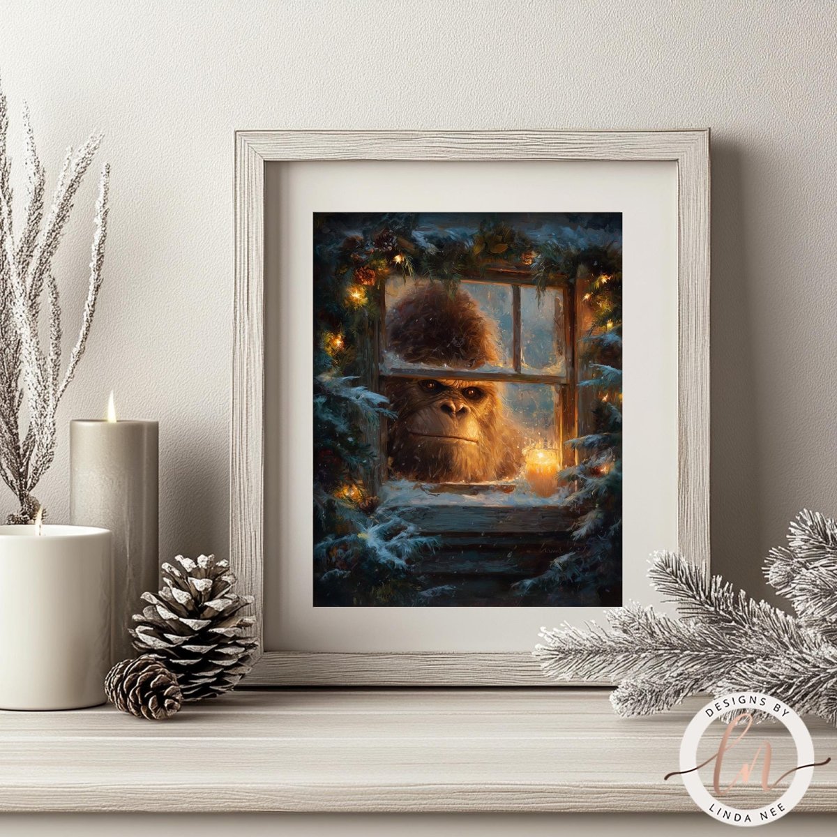 a framed painting of a bear peeking through a window, surrounded by a snowy landscape and twinkling lights.