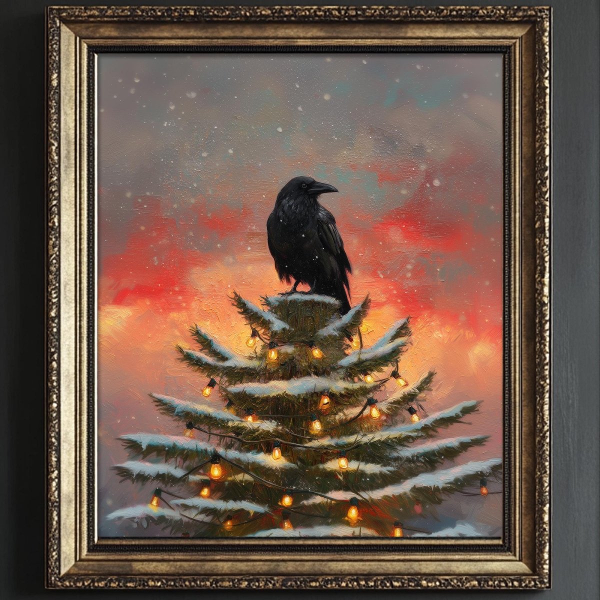 A black crow perches atop a snow-covered Christmas tree, its silhouette contrasting against the warm glow of the lights.