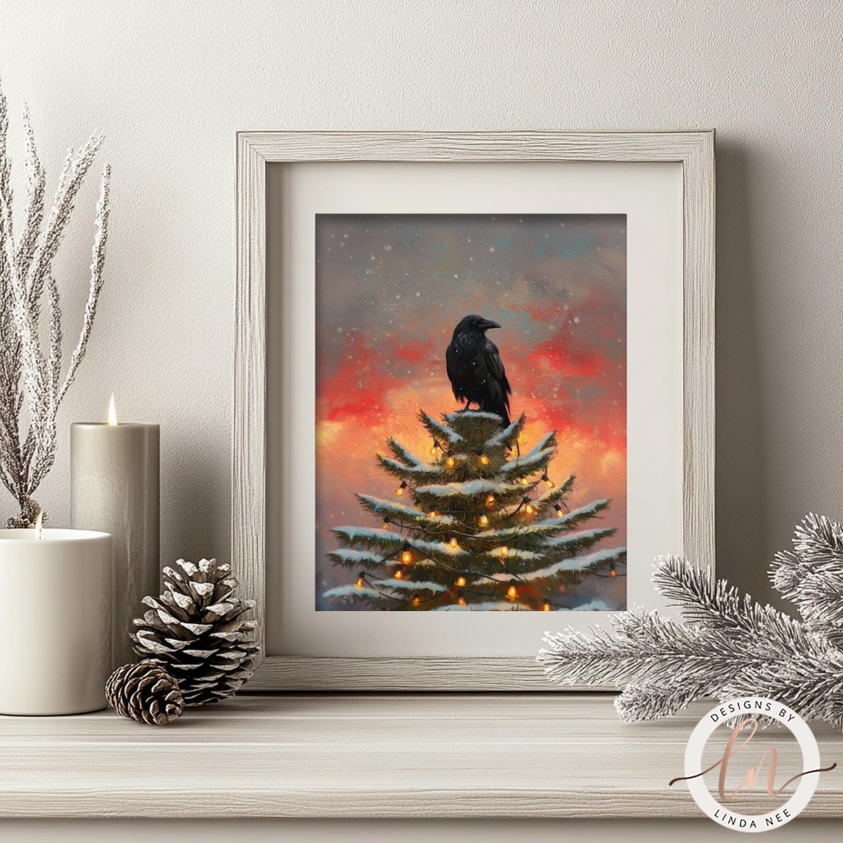 A framed painting of a black crow perched on a snow-covered Christmas tree, with a warm, colorful sunset in the background.