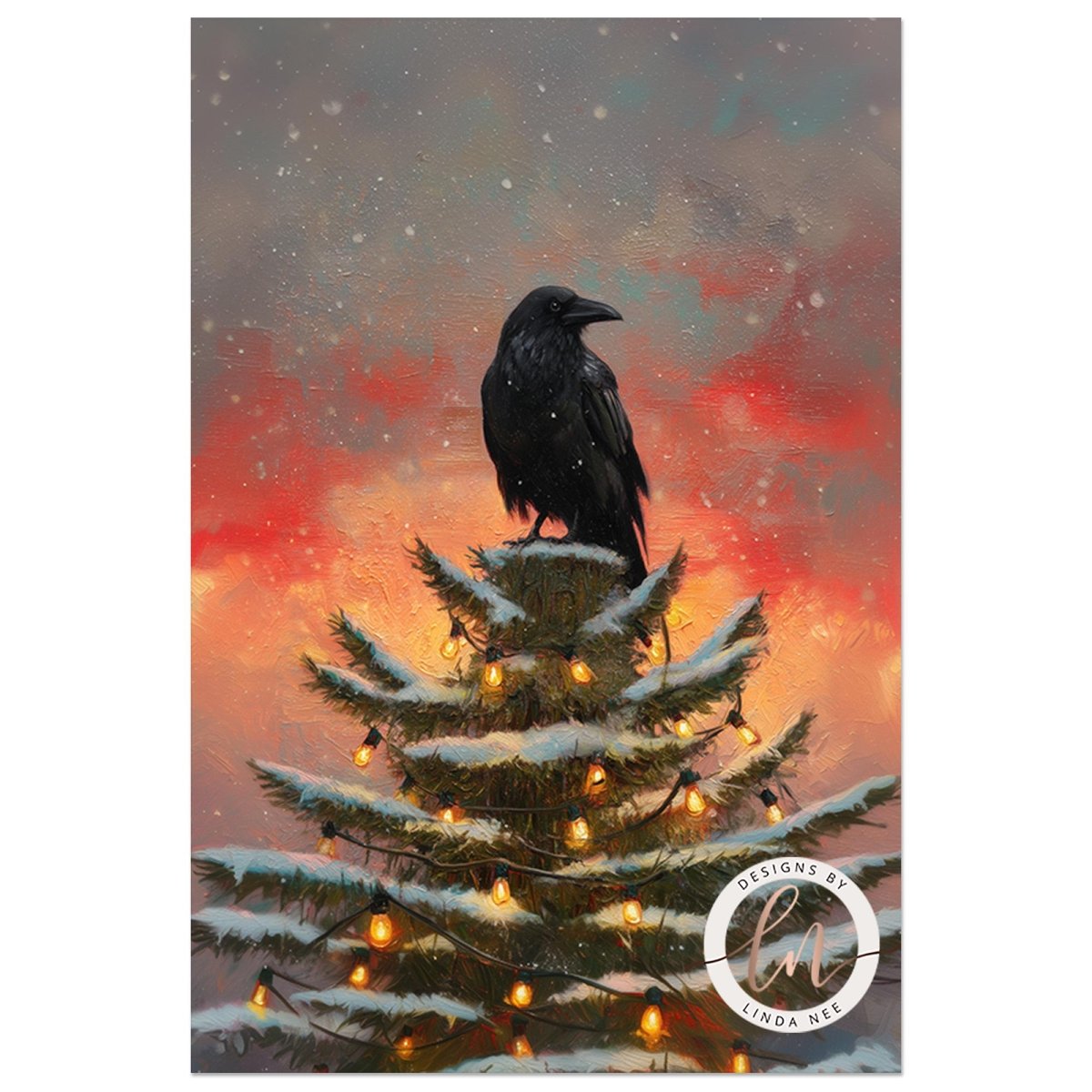 A black crow perched on a snow-covered Christmas tree, with orange lights illuminating the scene against a vibrant red and orange sky.