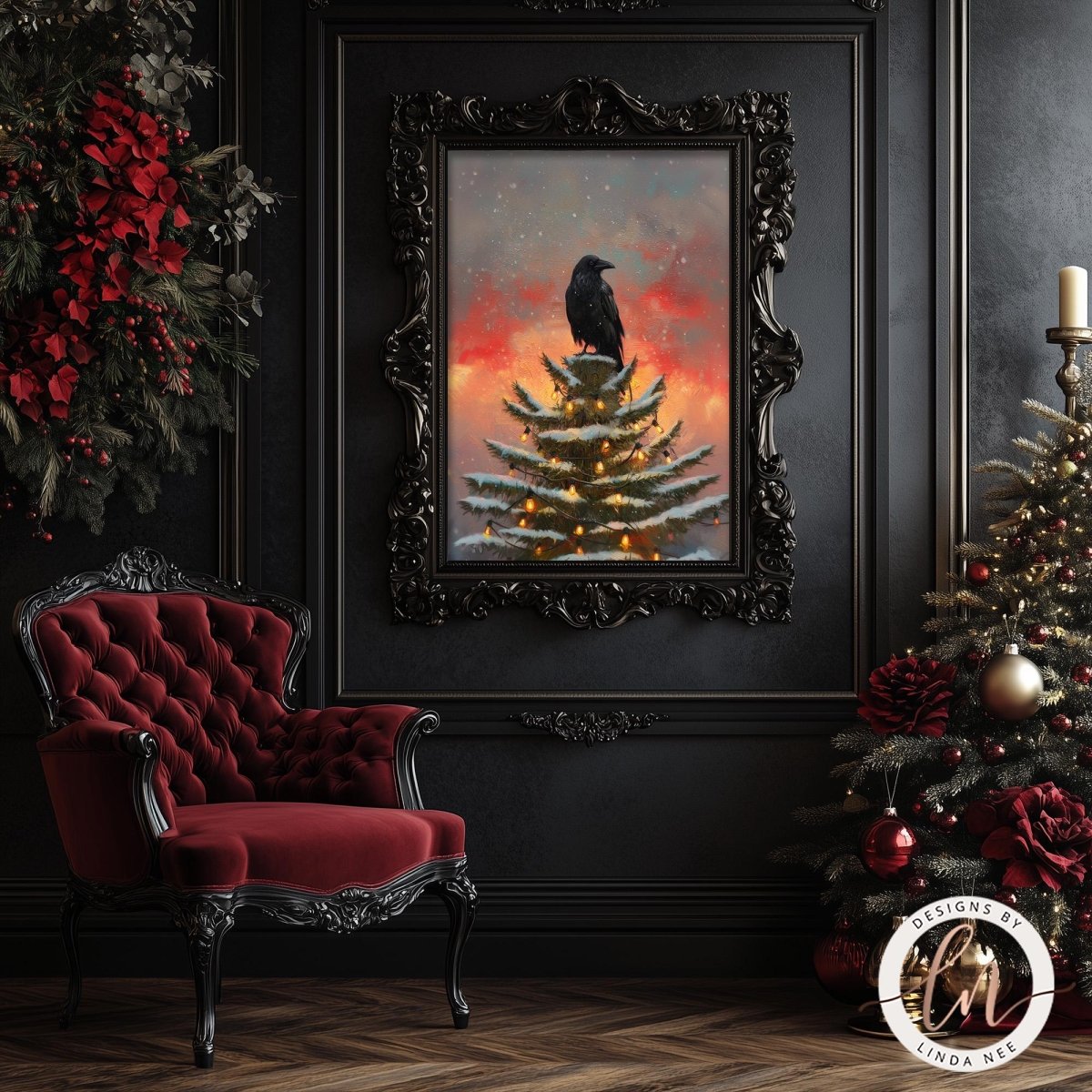 a dark, elegant room with a red velvet chair, a Christmas tree, and a framed painting of a black crow perched on a decorated Christmas tree.