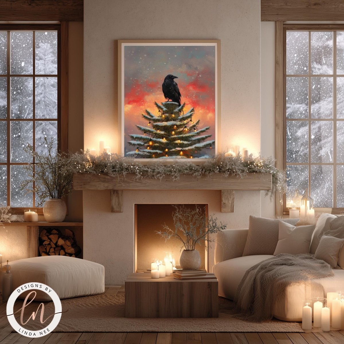 a cozy living room with a fireplace, a Christmas tree decorated with lights, and a black bird perched on top of the tree. The room is decorated with candles, plants, and other festive elements, creating a warm and inviting atmosphere.