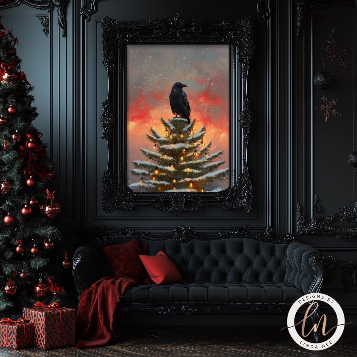 a black and red color scheme with a large framed painting of a bird perched on a Christmas tree in the center. The painting is surrounded by a black frame and is set against a dark background. The room has a black couch and a Christmas tree decorated with red and gold ornaments.