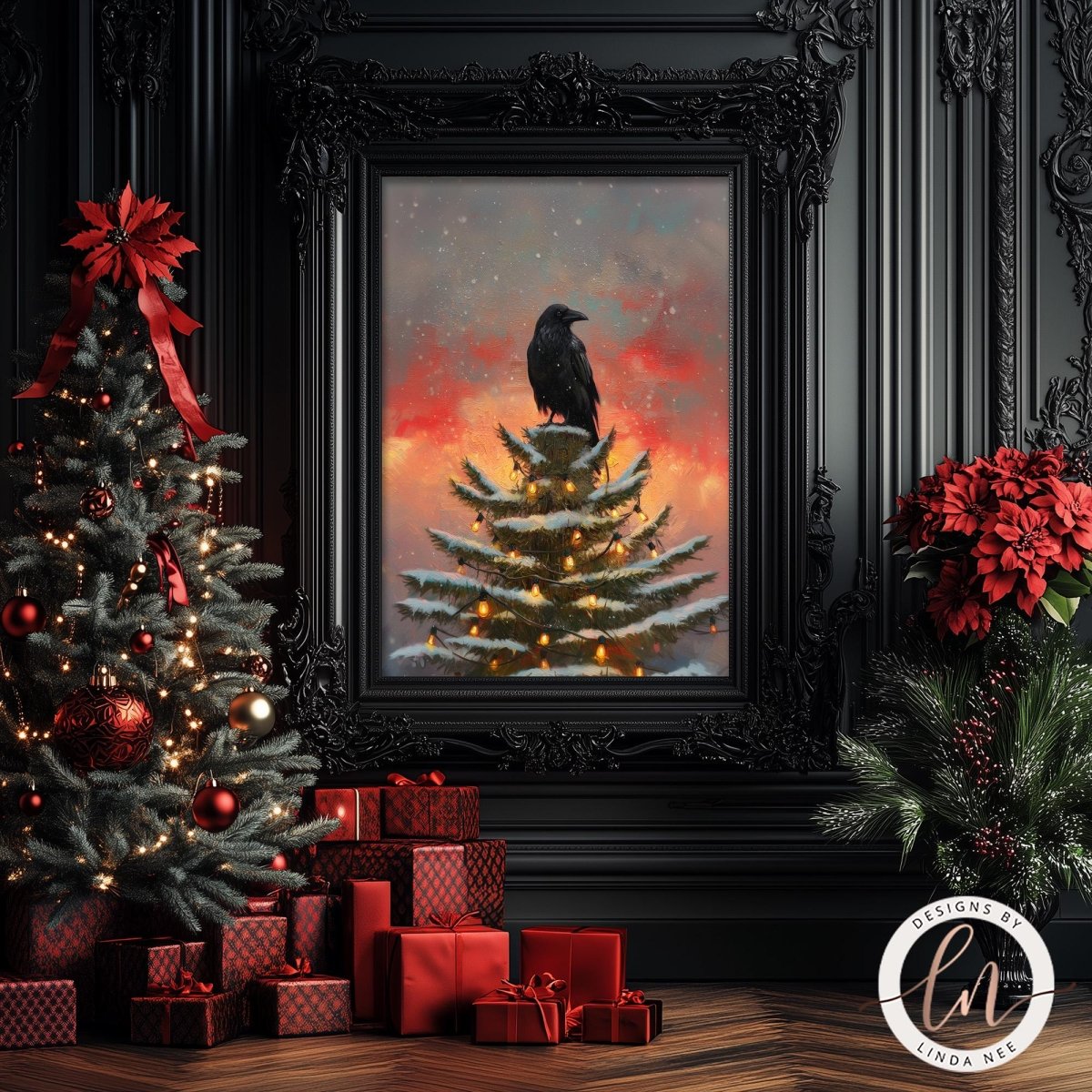 a Christmas tree decorated with red and gold ornaments, surrounded by red and gold presents, and a black bird perched on a snow-covered evergreen tree. The scene is framed by a black ornate picture frame, and the background includes a dark wall with a floral pattern.