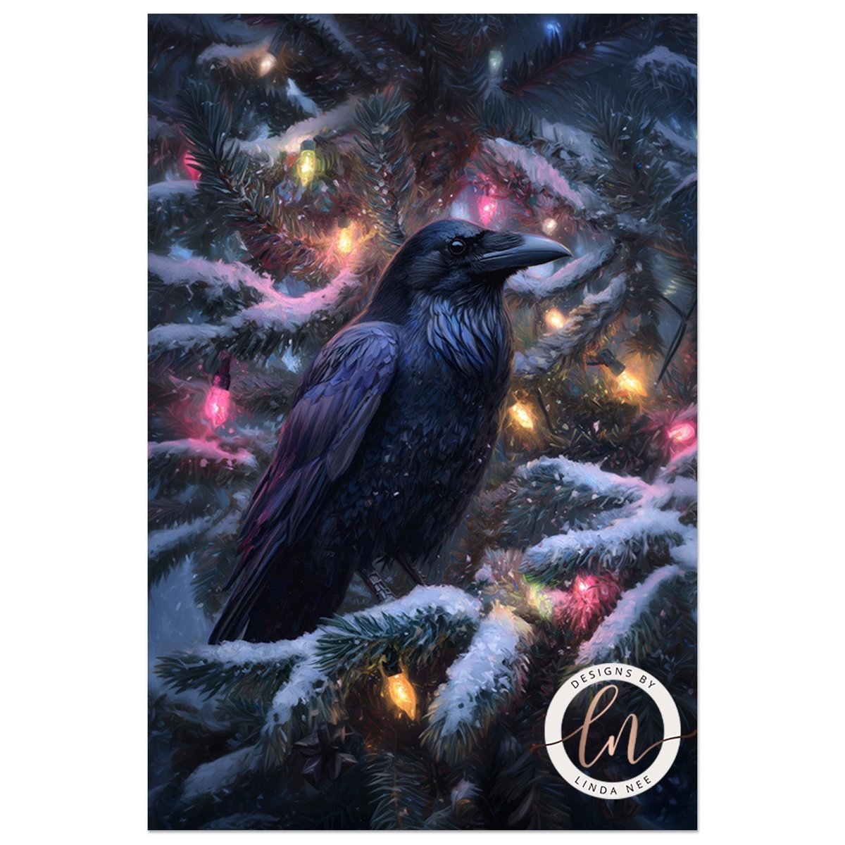 A black crow perched on a snow-covered pine tree, surrounded by colorful Christmas lights.