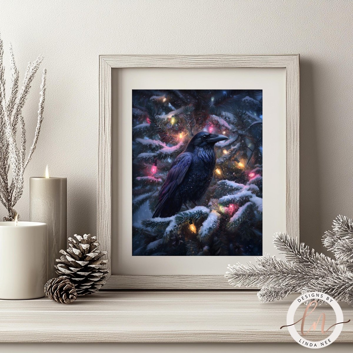 A framed photograph of a black crow perched on a snowy branch, surrounded by twinkling Christmas lights.