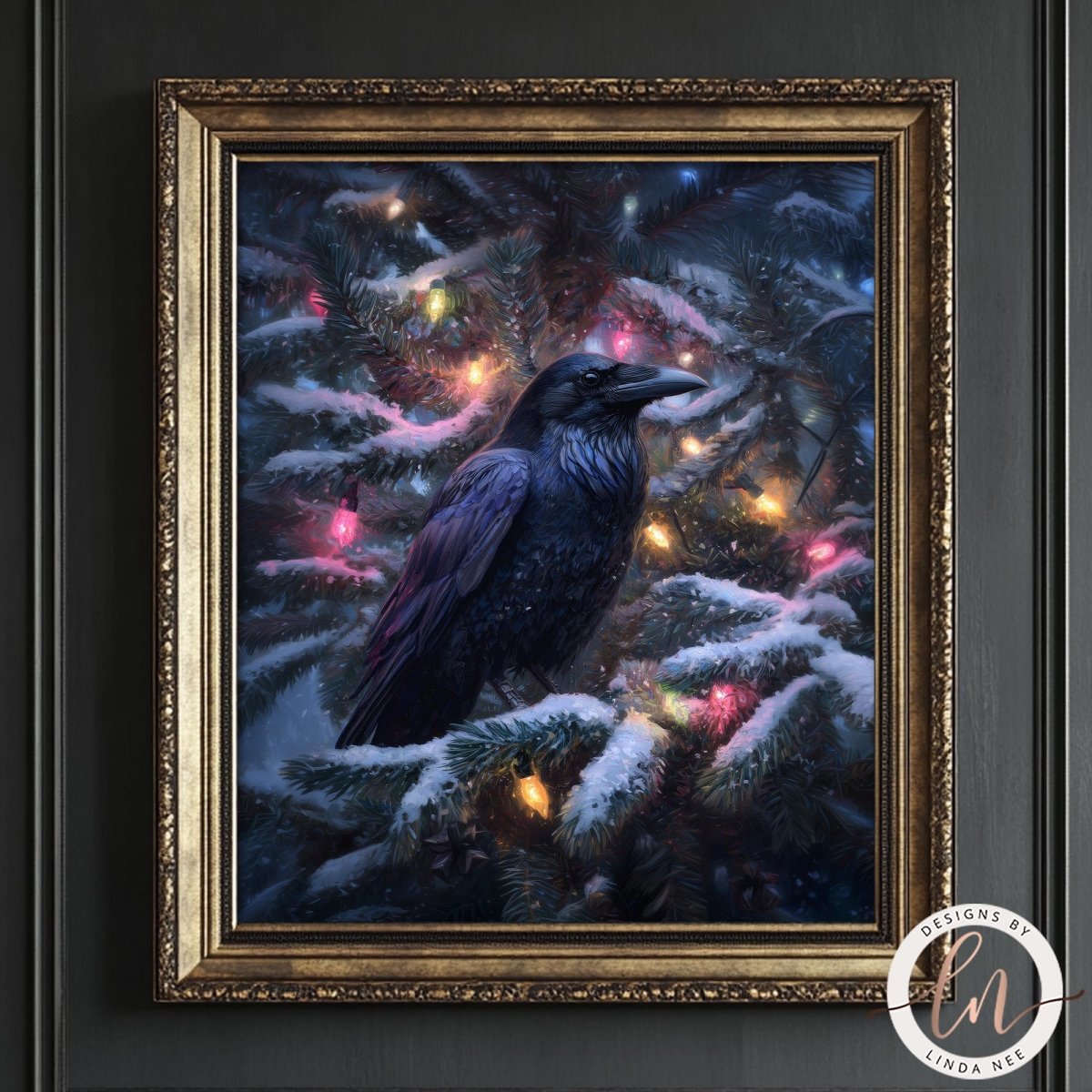 A framed painting depicting a black crow perched on a snow-covered branch of a Christmas tree, with colorful lights illuminating the scene.