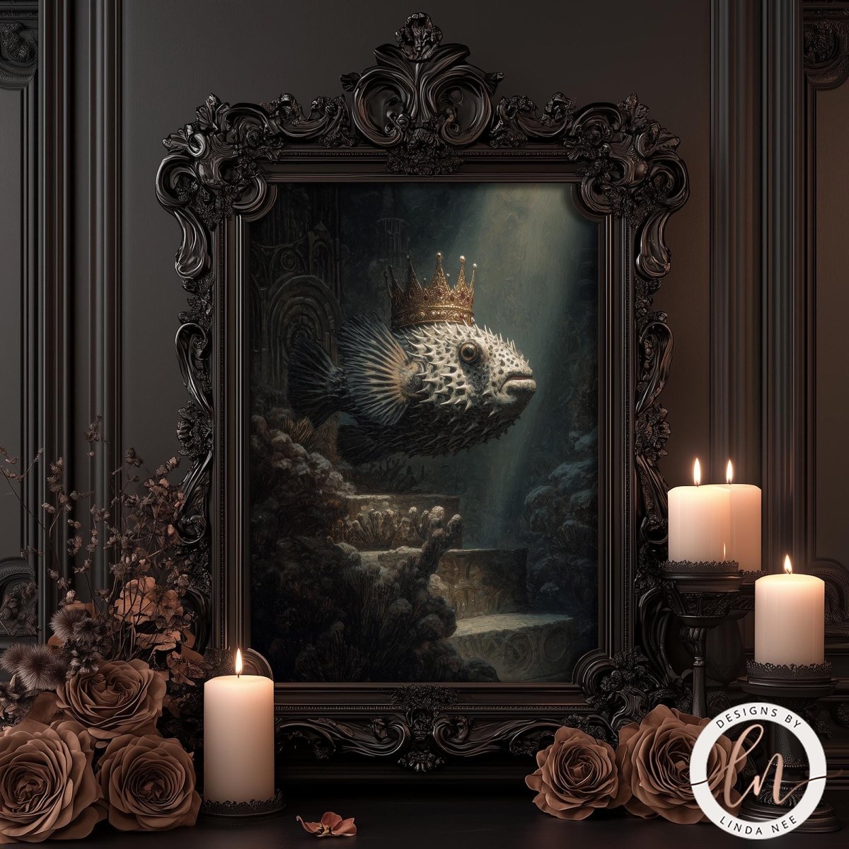 a painting of a fish wearing a crown, displayed in an ornate frame. The painting is surrounded by candles and flowers, creating a serene and elegant atmosphere.
