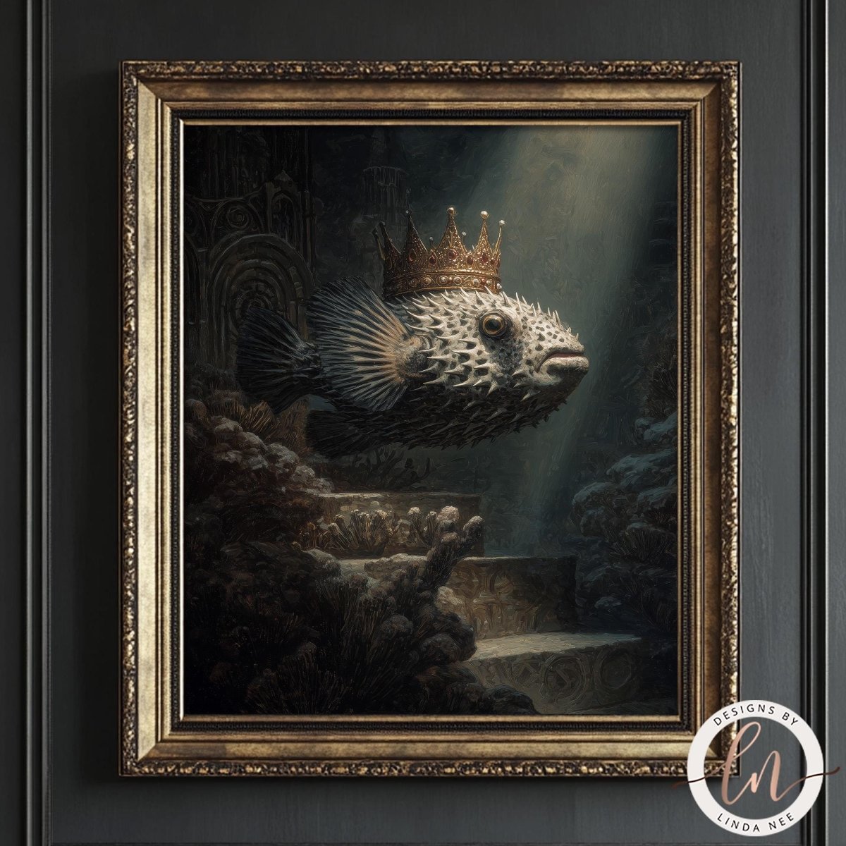 The image is a painting of a fish wearing a crown, surrounded by underwater elements such as coral and seaweed.