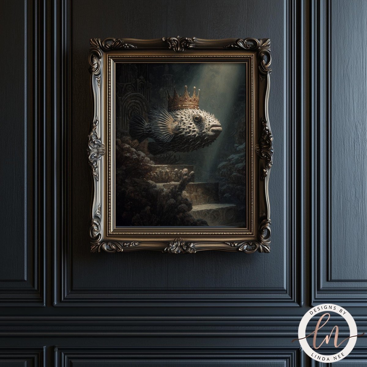 a painting of a fish wearing a crown, displayed in an ornate gold frame on a dark wall.