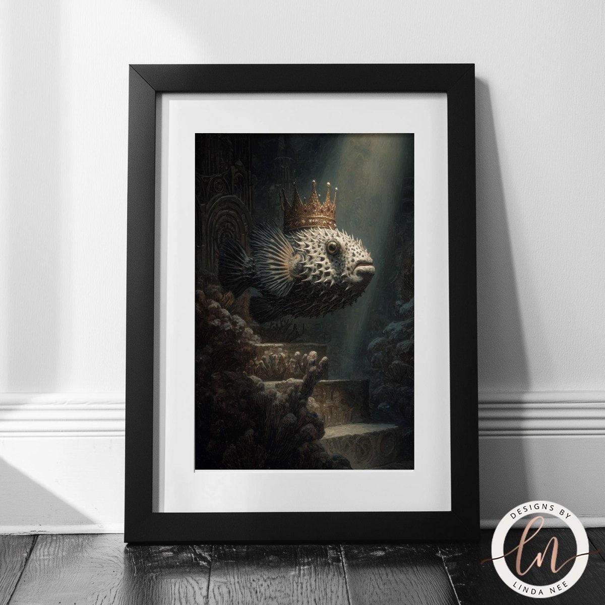 A framed painting depicting a fish wearing a crown, surrounded by underwater elements such as coral and seaweed.