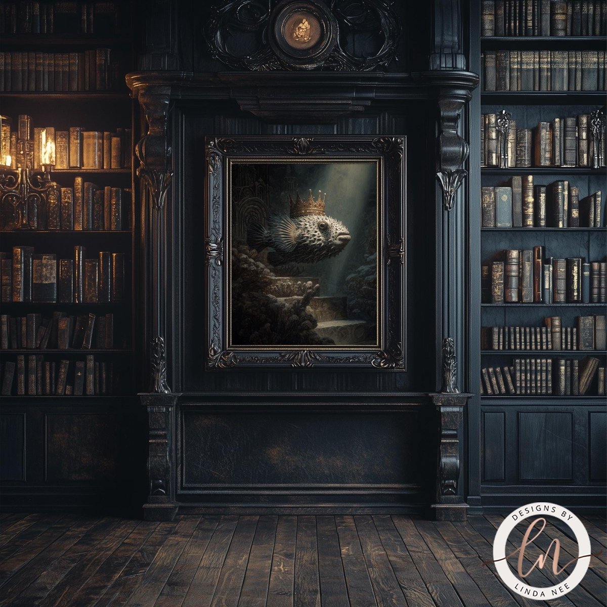 a dark, ornate room with a large bookshelf filled with books, a painting of a fish wearing a crown, and a chandelier hanging from the ceiling.