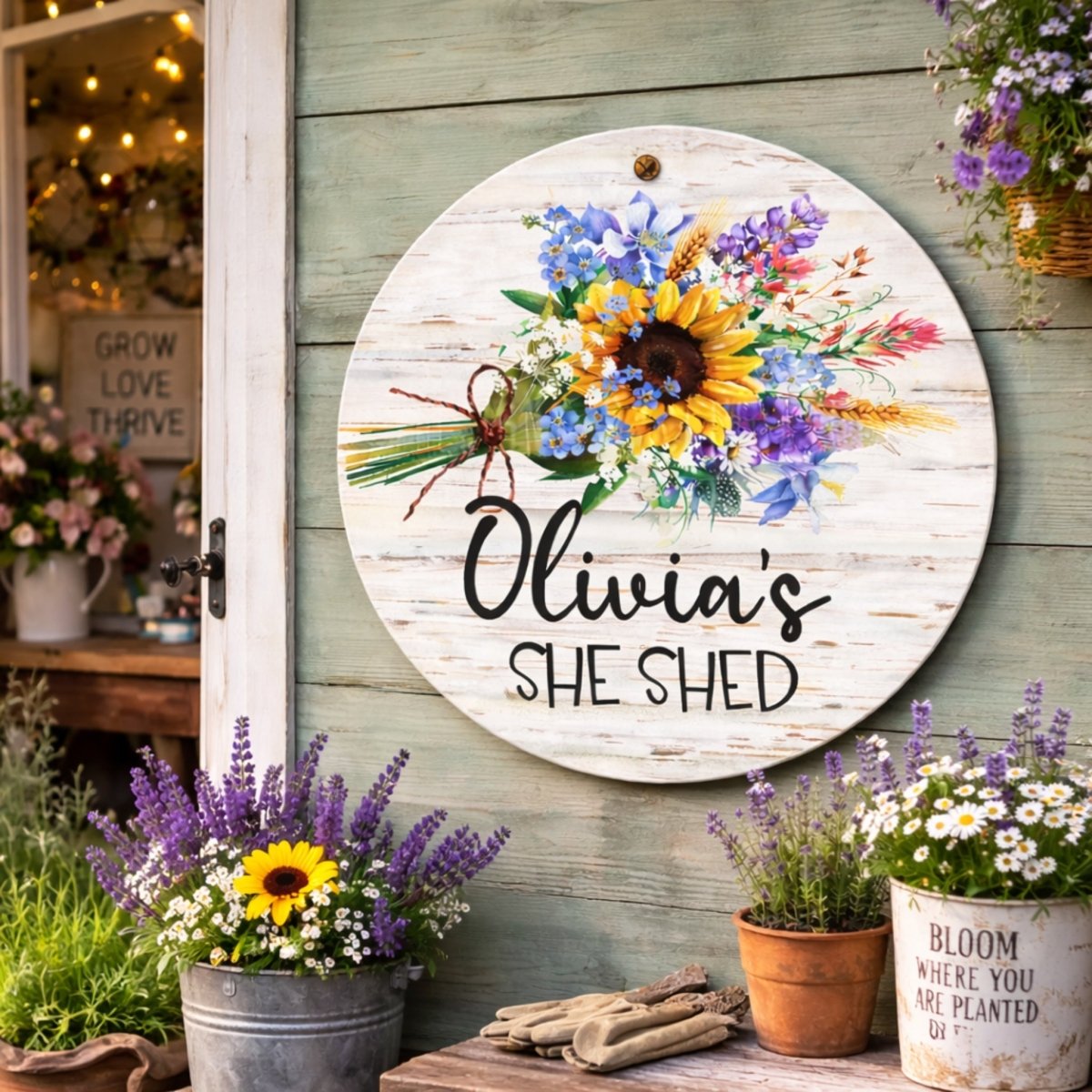 a round wooden sign with a floral design, hanging on a wall next to a door. The sign has the name "Olivia's She Shed" written on it. The sign is surrounded by potted plants, including a sunflower and lavender, which are placed on a table. The background of the image includes a window and a door, suggesting that the sign is located in a home or garden setting.