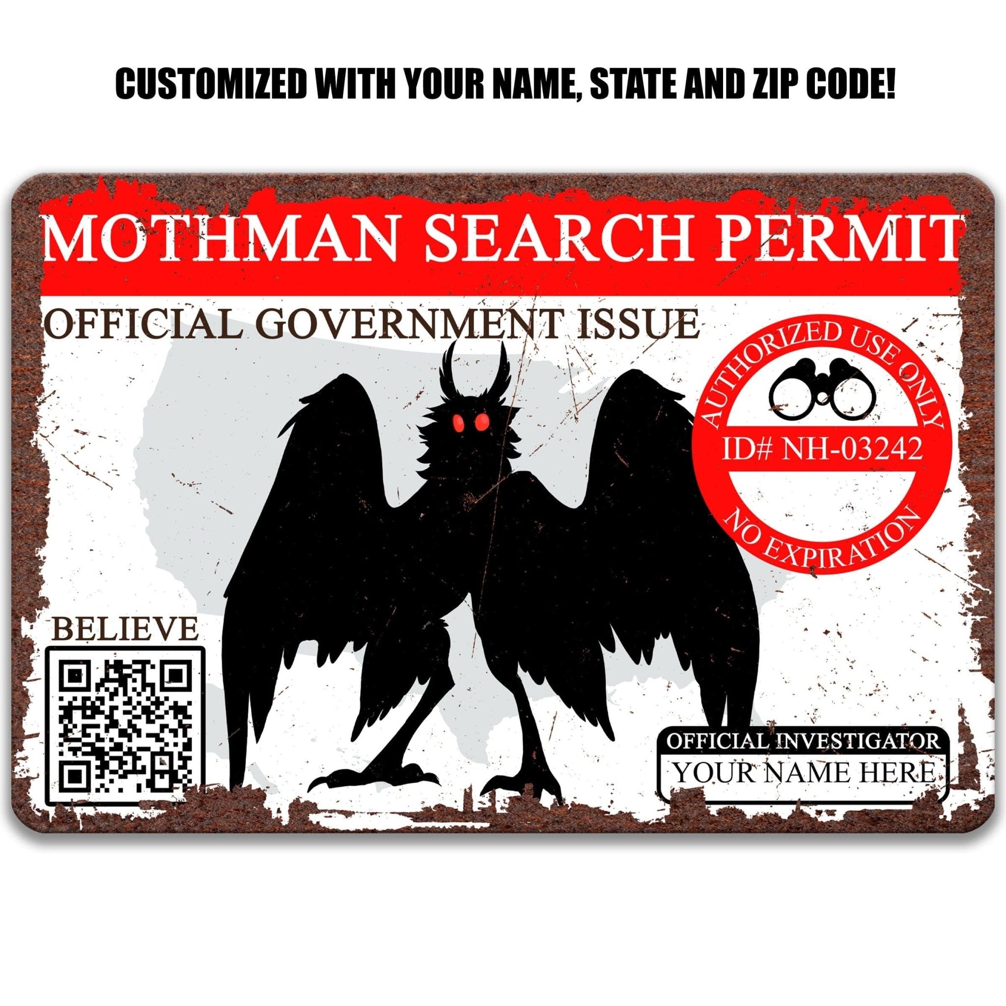 Custom Mothman Search Permit Sign, Personalized Cryptid Sign, Point Pleasant WV Cryptozoology Gift