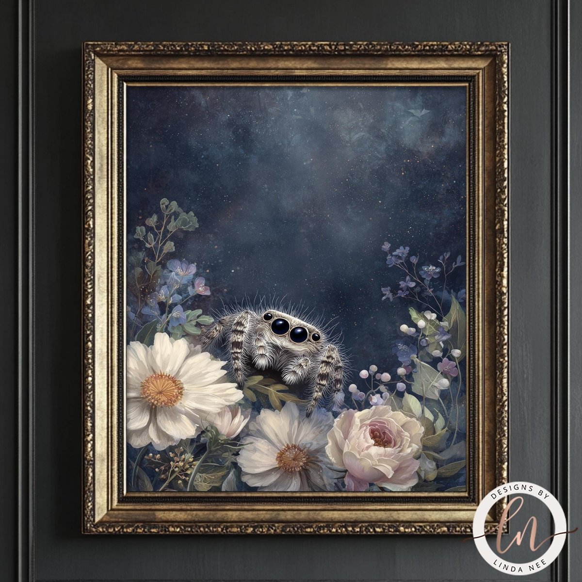 A framed painting depicting a spider sitting amidst a floral arrangement of white and pink flowers, with a dark blue background.