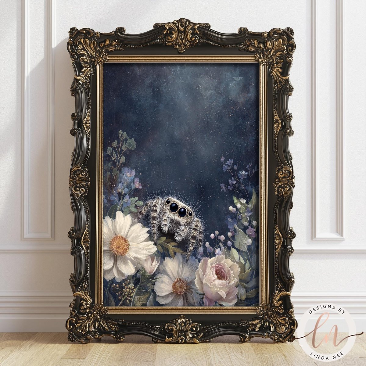 a large, ornate, gilded frame containing a painting of a spider sitting amidst a floral arrangement.