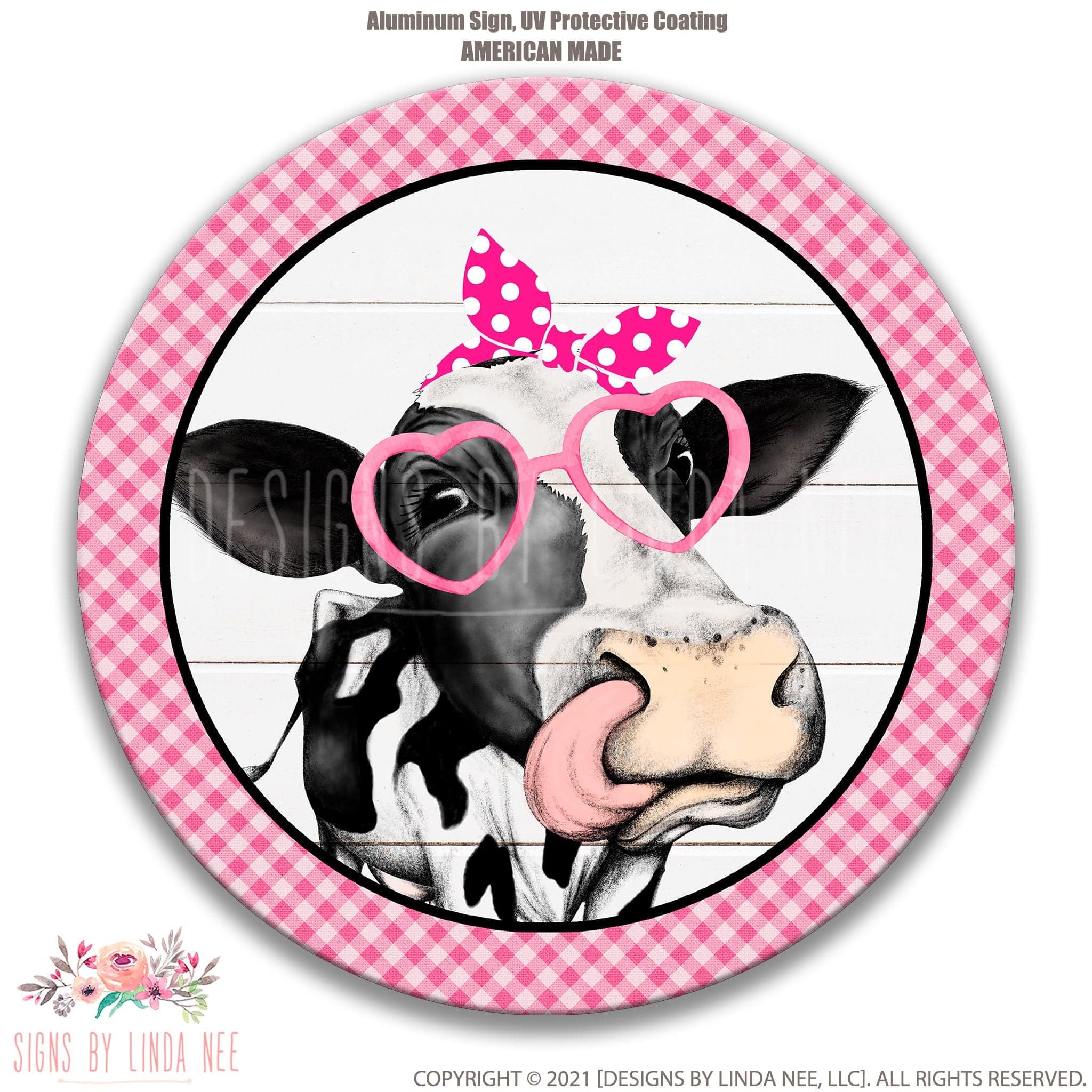 Cute Pink Heifer with Sunglasses Round Wreath Sign