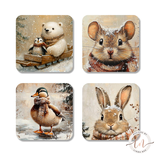 Cute Winter Animals Coasters Set - Polar Bear & Penguin Gift