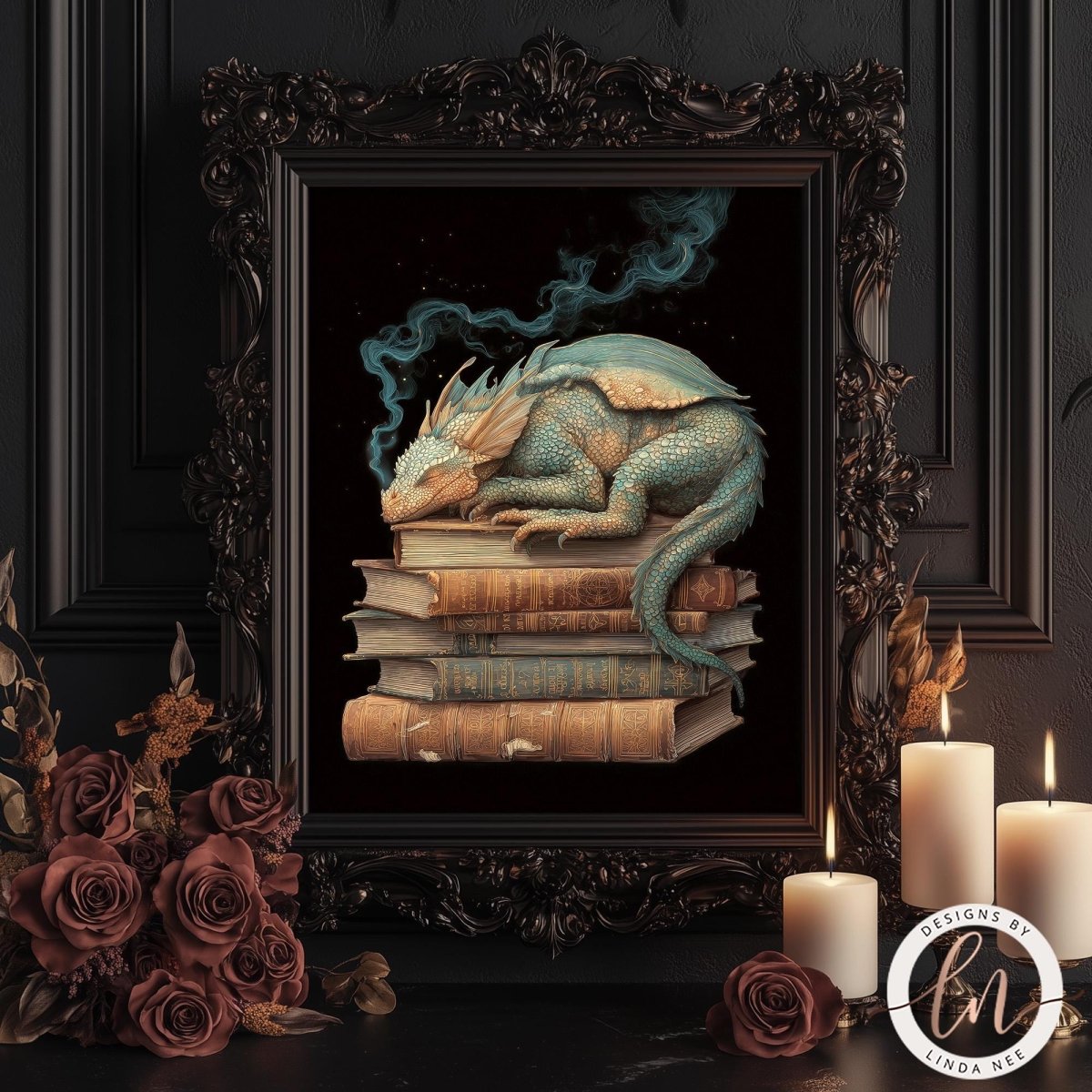 a framed artwork depicting a dragon resting on a stack of books, with a floral arrangement and candles in the background.