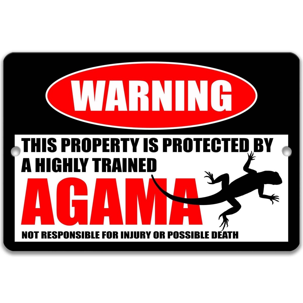 Agama lizard warning metal sign, glossy black, red WARNING oval and long-tailed agama silhouette
