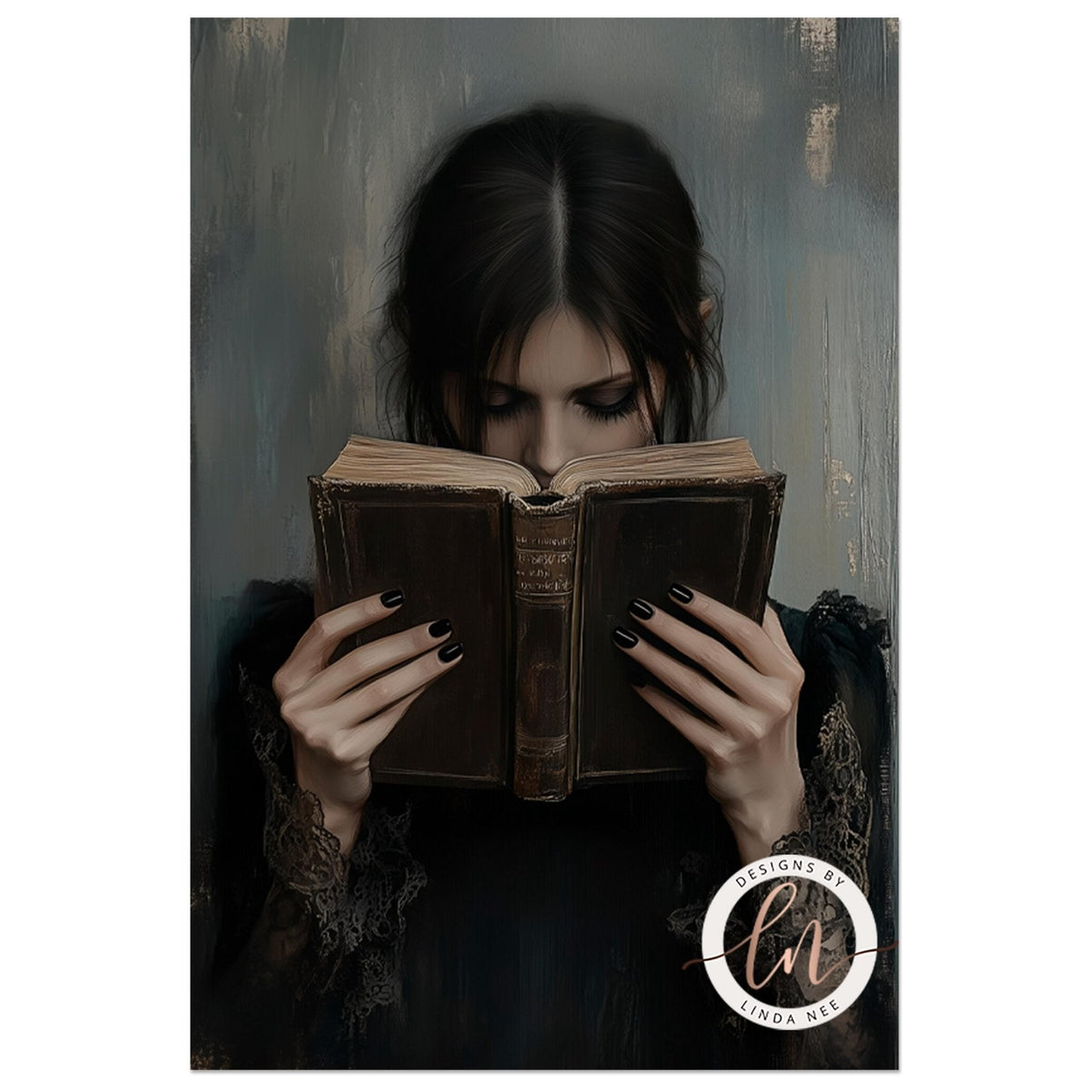 A woman is reading a book in a dark, ornate frame, surrounded by candles and roses, creating a moody and mysterious atmosphere.