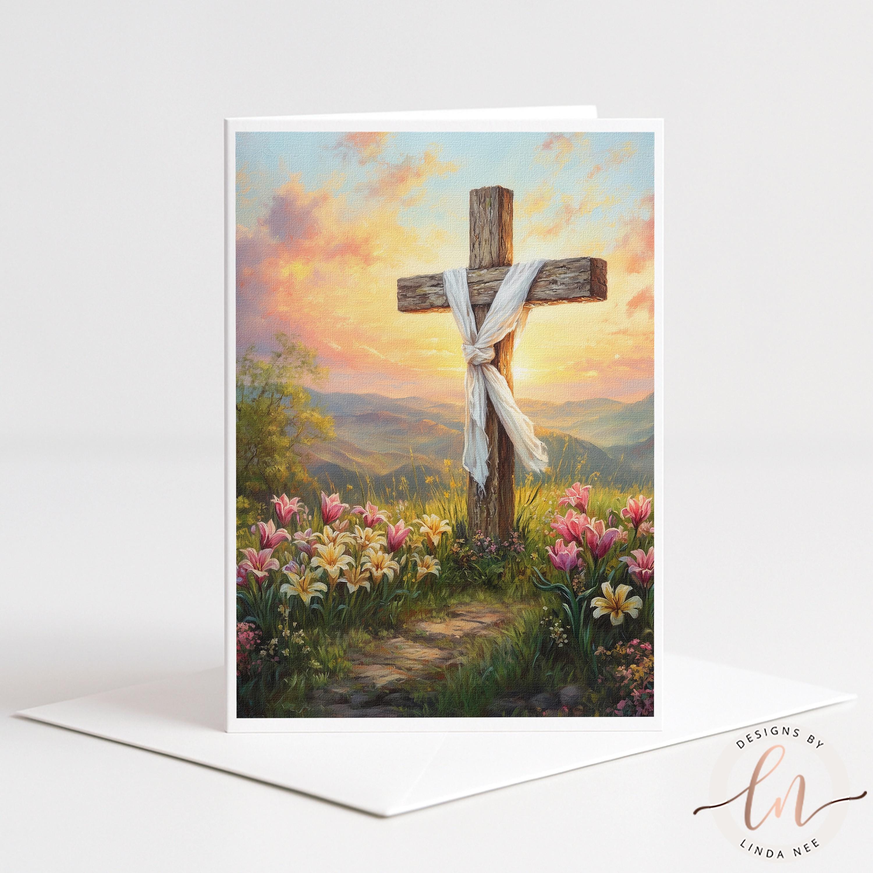 A wooden cross stands in a field of flowers, with a colorful sunset sky in the background.