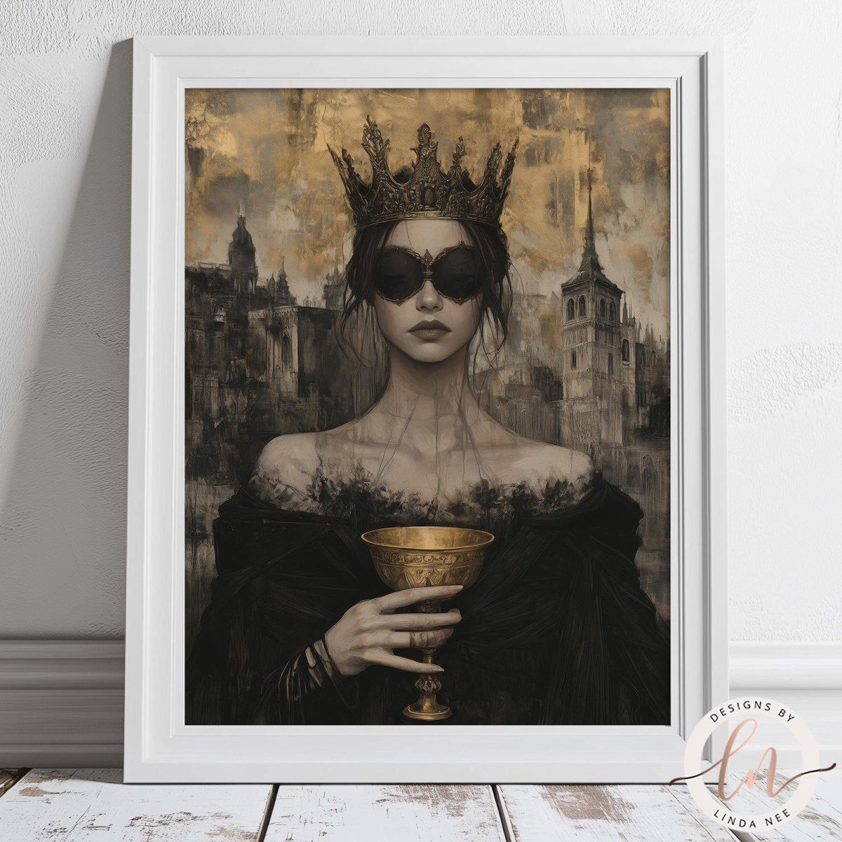 A woman wearing a crown and holding a golden chalice is depicted in the image.