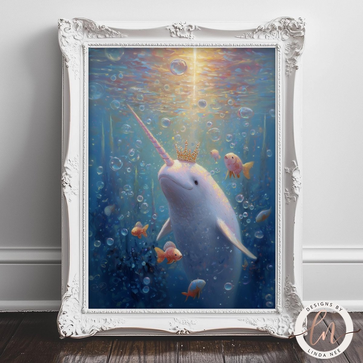 A framed painting depicting a white narwhal with a golden crown, surrounded by bubbles and fish in a serene underwater scene.