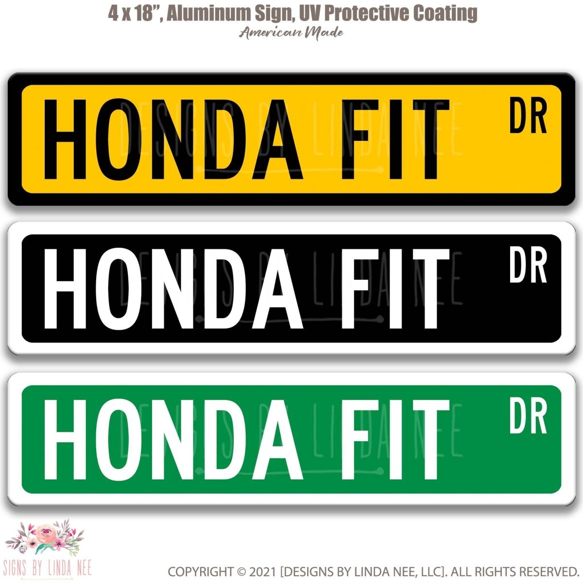Honda Fit DR street name sign shown in three aluminum color options