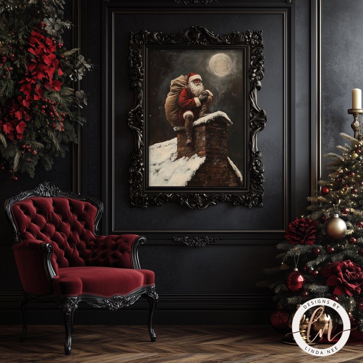 Santa Claus art displayed with a red velvet armchair and ornamented Christmas tree