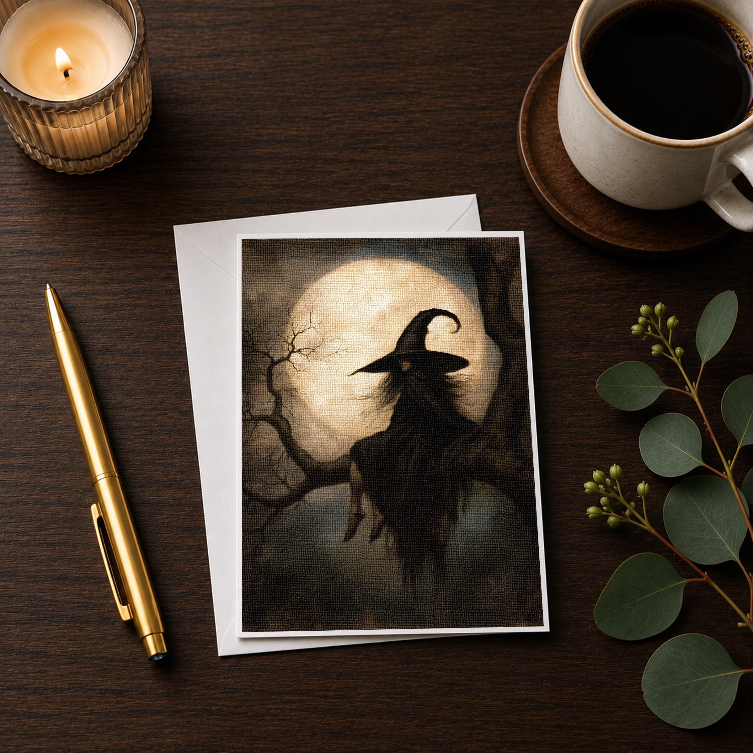 a Halloween-themed card with a witch on a branch, a candle, a pen, and a cup of coffee on a wooden surface.