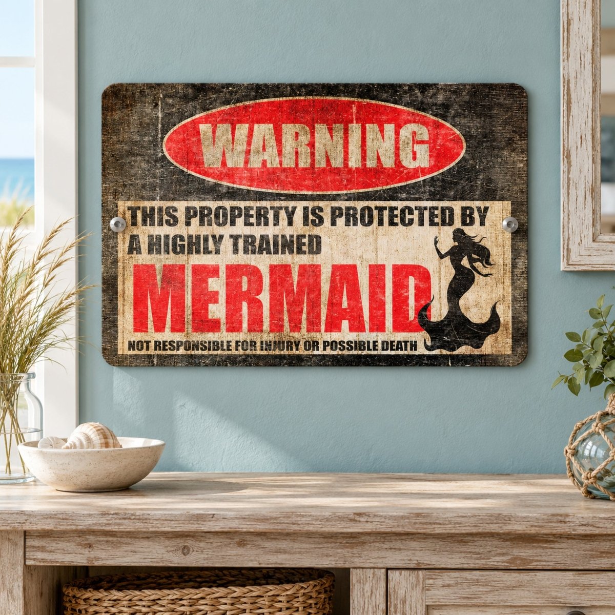 a distressed wooden sign with a mermaid silhouette, mounted on a wall above a wooden table.