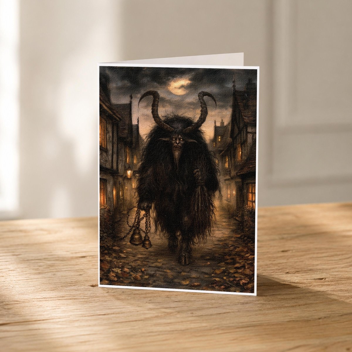 Krampus walking through the village 5x7 note card front