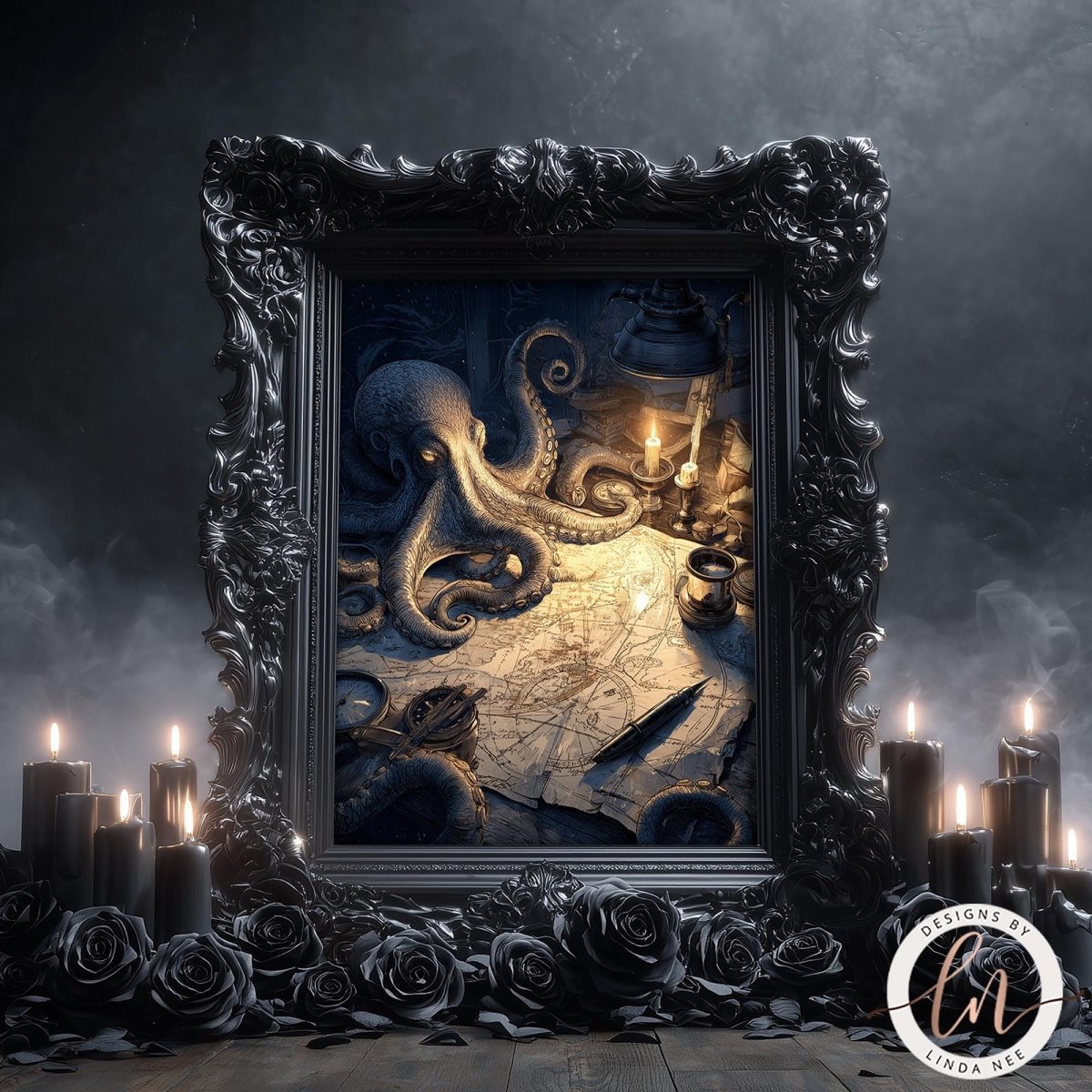 an ornate, dark frame surrounding a detailed, illuminated painting of an octopus. The frame is adorned with candles, and the painting is set against a dark, moody background.