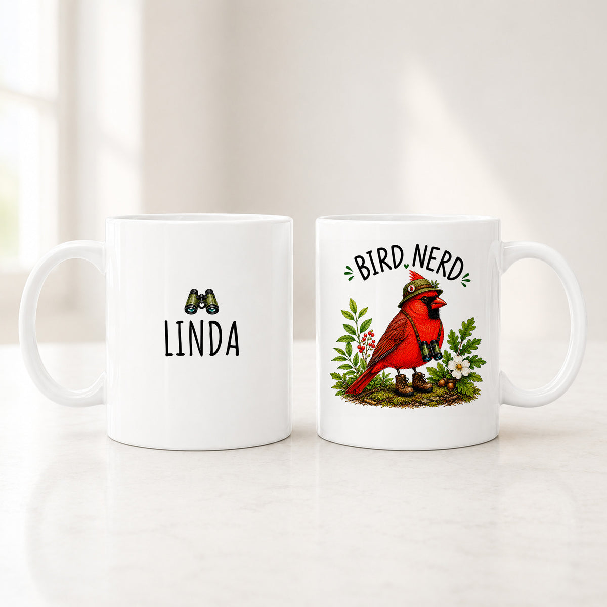 Both sides of the 11 oz personalized cardinal mug, a custom name on the back and the Bird Nerd cardinal on the front